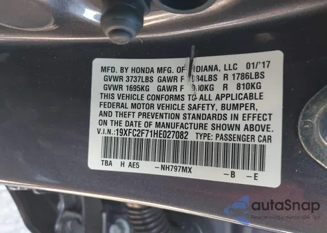 2017 Honda Civic Ex из США, поврежденный, VIN 19XFC2F71HE027082